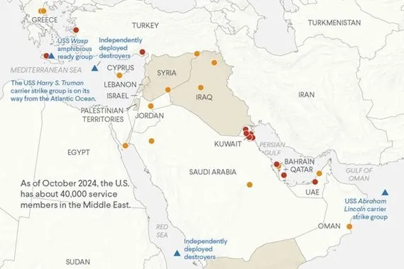 تقرير امريكي: التواجد العسكري للولايات المتحدة في الشرق الأوسط موزع على 12 دولة