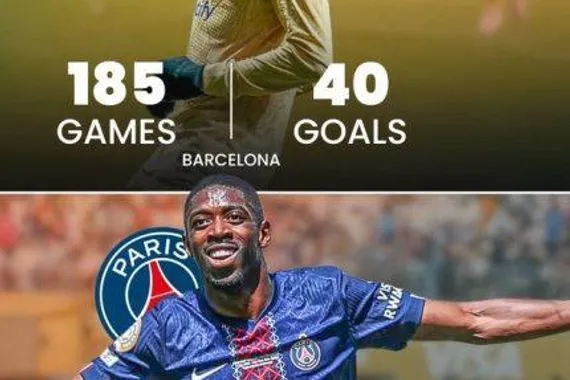 ديمبلي يتجاوز إجمالي عدد اهدافه مع برشلونة بمباريات أقل مع باريس