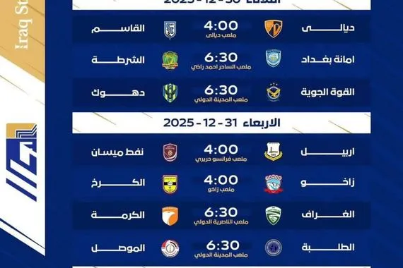 أُعلن اليوم جدول مباريات الجولة التاسعة من دوري نجوم العراق والتي تشهد مواجهات مهمة بين الفرق المتنافسة على مراكز الصدارة